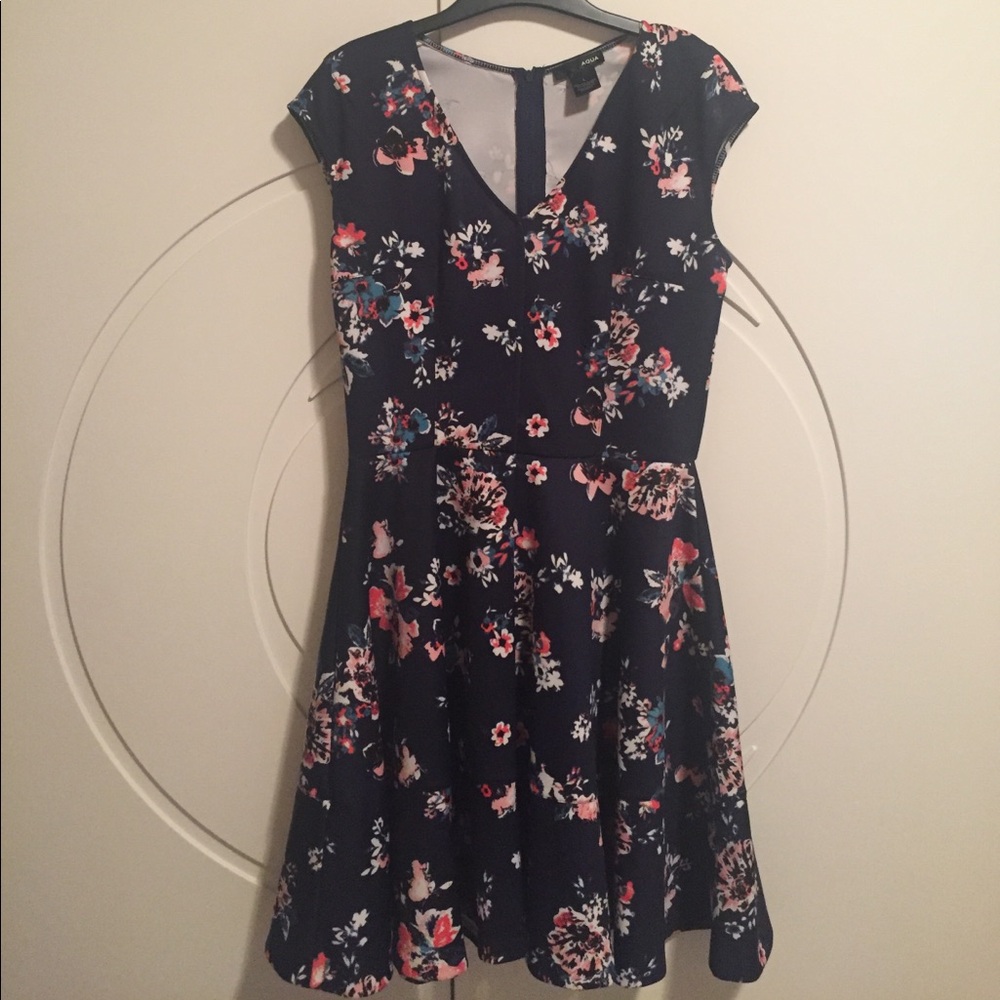 Floral Fit-and-Flare Dress in Navy and Pink